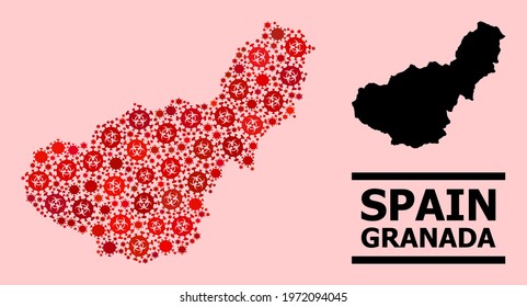 Vector covid-2019 mosaic map of Granada Province designed for vaccination posters. Red mosaic map of Granada Province is composed of biohazard covid-2019 pathogen cells.