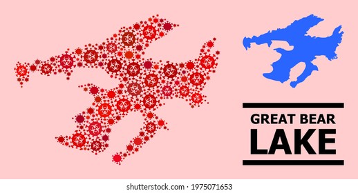 Vector covid-2019 mosaic map of Great Bear Lake created for hospital illustrations. Red mosaic map of Great Bear Lake is created of biohazard covid infection parts.
