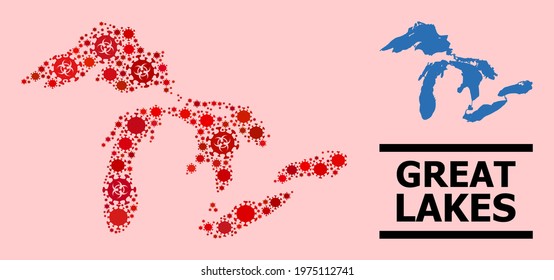 Vector covid-2019 mosaic map of Great Lakes designed for lockdown illustrations. Red mosaic map of Great Lakes is made from biohazard covid viral icons.