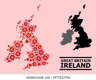 Vector Covid-2019 Mosaic Map Of Great Britain And Ireland Combined For Lockdown Purposes. Red Mosaic Map Of Great Britain And Ireland Is Shaped With Biohazard Covid Pathogen Elements.