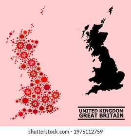 Vector covid-2019 mosaic map of Great Britain organized for hospital projects. Red mosaic map of Great Britain is designed from biological hazard covid-2019 pathogen items.