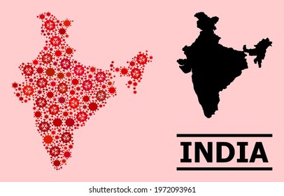 Vector covid-2019 mosaic map of India done for doctor advertisement. Red mosaic map of India is created with biohazard covid-2019 infection items.