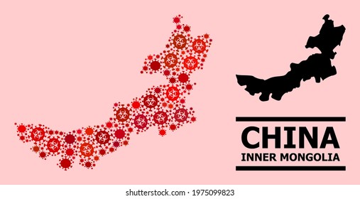 Vector covid-2019 mosaic map of Inner Mongolia constructed for clinic illustrations. Red mosaic map of Inner Mongolia is designed of biohazard covid-2019 infection cells.