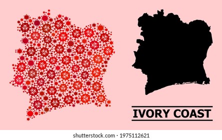 Vector covid-2019 mosaic map of Ivory Coast combined for vaccination purposes. Red mosaic map of Ivory Coast is constructed of biohazard covid-2019 pathogen elements.