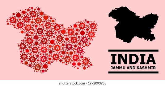 Vector covid-2019 mosaic map of Jammu and Kashmir State designed for hospital advertisement. Red mosaic map of Jammu and Kashmir State is composed of biohazard covid viral elements.