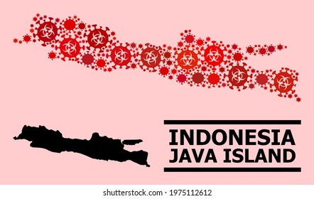 Vector covid-2019 mosaic map of Java Island organized for lockdown purposes. Red mosaic map of Java Island is organized of biological hazard covid-2019 viral items.