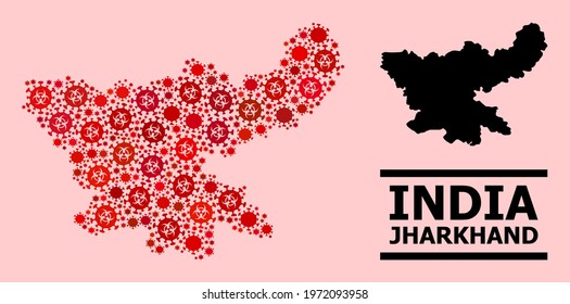 Vector covid-2019 mosaic map of Jharkhand State combined for doctor applications. Red mosaic map of Jharkhand State is made from biohazard covid-2019 viral items.
