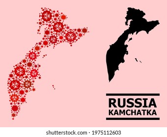 Vector covid-2019 mosaic map of Kamchatka Peninsula designed for pharmacy purposes. Red mosaic map of Kamchatka Peninsula is organized from biological hazard covid-2019 viral icons.