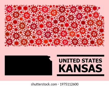 Vector Covid-2019 Mosaic Map Of Kansas State Organized For Clinic Projects. Red Mosaic Map Of Kansas State Is Shaped Of Biohazard Covid Infection Parts.