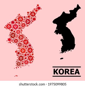 Vector covid-2019 mosaic map of Korea organized for medicare wallpapers. Red mosaic map of Korea is shaped with biological hazard covid-2019 pathogen items.
