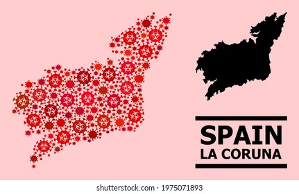 Vector covid-2019 mosaic map of La Coruna Province combined for pandemic advertisement. Red mosaic map of La Coruna Province is made of biological hazard covid-2019 viral items.