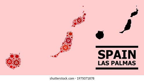 Vector covid-2019 mosaic map of Las Palmas Province organized for medicare illustrations. Red mosaic map of Las Palmas Province is constructed with biohazard covid viral items.