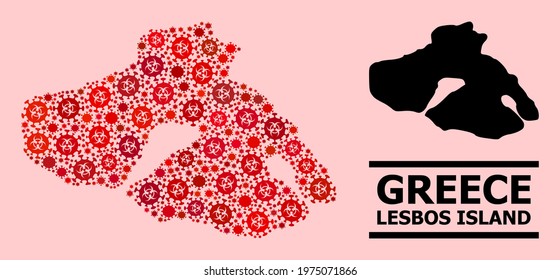 Vector covid-2019 mosaic map of Lesbos Island constructed for hospital projects. Red mosaic map of Lesbos Island is composed of biohazard covid-2019 infection cells.