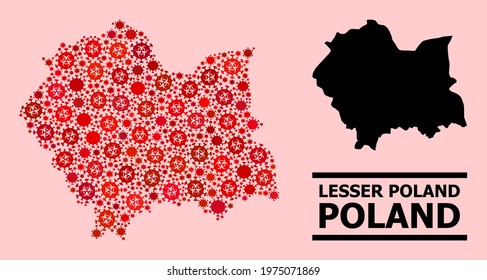 Vector covid-2019 mosaic map of Lesser Poland Province organized for pandemic illustrations. Red mosaic map of Lesser Poland Province is done of biohazard covid-2019 pathogen elements.