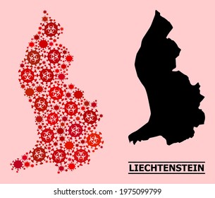 Vector covid-2019 mosaic map of Liechtenstein created for medicare applications. Red mosaic map of Liechtenstein is composed of biohazard covid-2019 viral cells.