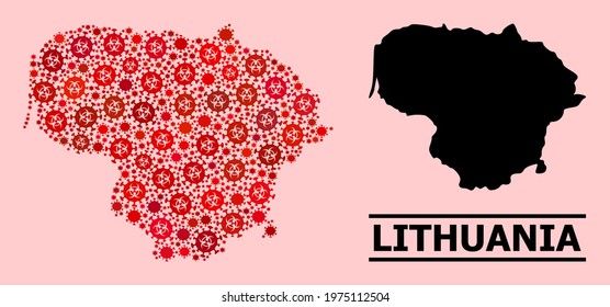 Vector covid-2019 mosaic map of Lithuania done for hospital advertisement. Red mosaic map of Lithuania is composed with biohazard covid viral icons.