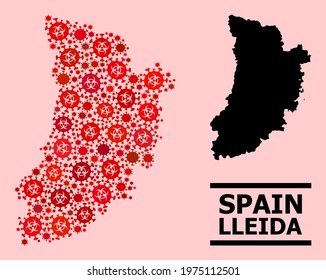 Vector covid-2019 mosaic map of Lleida Province created for health care applications. Red mosaic map of Lleida Province is formed of biohazard covid-2019 pathogen cells.