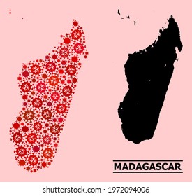 Vector covid-2019 mosaic map of Madagascar Island created for hospital advertisement. Red mosaic map of Madagascar Island is shaped with biohazard covid-2019 pathogen cells.