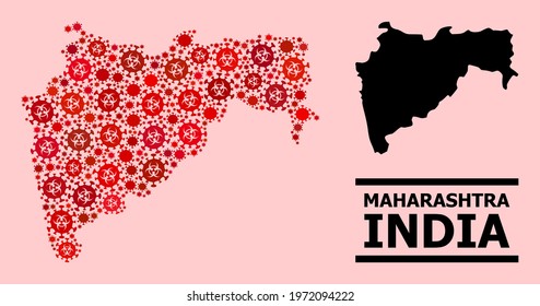 Vector covid-2019 mosaic map of Maharashtra State organized for health care projects. Red mosaic map of Maharashtra State is constructed of biohazard covid-2019 viral cells.