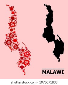 Vector covid-2019 mosaic map of Malawi designed for pharmacy illustrations. Red mosaic map of Malawi is made from biological hazard covid-2019 viral elements.