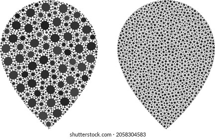 Marcador de mapa de mosaicos vector covid-2019 creado para carteles de bloqueo. El marcador de mapa mosaico se basa en el icono y se forma con elementos virales del coronavirus de riesgo biológico.
