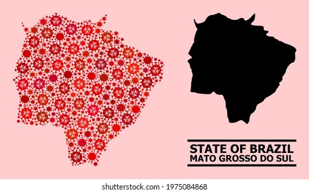 Vector covid-2019 mosaic map of Mato Grosso do Sul State created for lockdown illustrations. Red mosaic map of Mato Grosso do Sul State is created with biohazard covid-2019 pathogen parts.