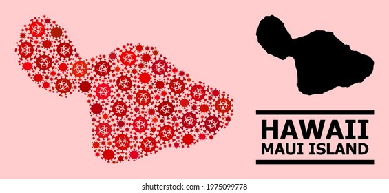 Vector covid-2019 mosaic map of Maui Island done for pharmacy wallpapers. Red mosaic map of Maui Island is created of biohazard covid-2019 pathogen parts.