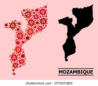 Vector covid-2019 mosaic map of Mozambique done for pharmacy wallpapers. Red mosaic map of Mozambique is designed with biological hazard covid-2019 pathogen icons.