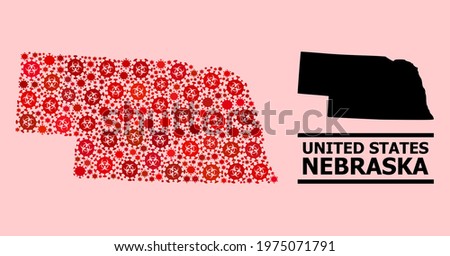 Vector covid-2019 mosaic map of Nebraska State designed for hospital advertisement. Red mosaic map of Nebraska State is made from biological hazard covid pathogen parts.