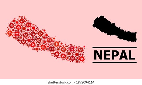 Vector covid-2019 mosaic map of Nepal constructed for doctor advertisement. Red mosaic map of Nepal is constructed with biological hazard covid-2019 pathogen cells.
