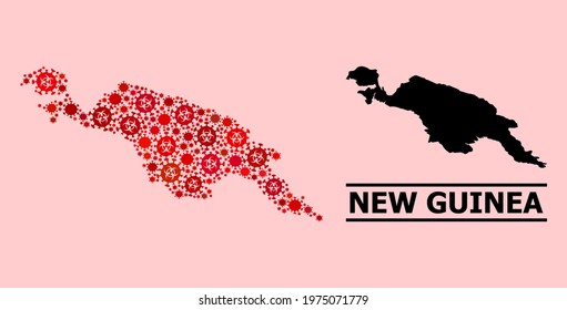 Vector covid-2019 mosaic map of New Guinea Island done for pharmacy illustrations. Red mosaic map of New Guinea Island is organized of biohazard covid-2019 viral parts.