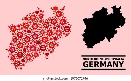 Vector covid-2019 mosaic map of North Rhine-Westphalia State designed for pharmacy purposes. Red mosaic map of North Rhine-Westphalia State is shaped from biological hazard covid-2019 pathogen icons.