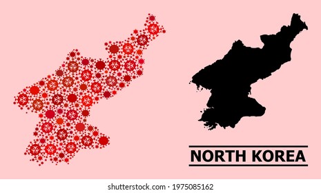 Vector covid-2019 mosaic map of North Korea constructed for pharmacy posters. Red mosaic map of North Korea is done from biohazard covid-2019 viral parts.