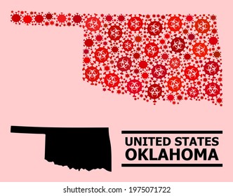 Vector covid-2019 mosaic map of Oklahoma State organized for doctor illustrations. Red mosaic map of Oklahoma State is formed from biohazard covid-2019 pathogen items.