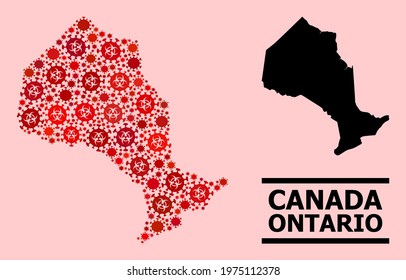 Vector covid-2019 mosaic map of Ontario Province organized for doctor posters. Red mosaic map of Ontario Province is organized of biohazard covid-2019 pathogen parts.