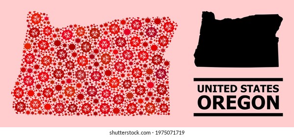 Vector covid-2019 mosaic map of Oregon State organized for doctor posters. Red mosaic map of Oregon State is shaped from biohazard covid-2019 pathogen cells.