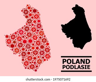 Vector covid-2019 mosaic map of Podlasie Province designed for pharmacy projects. Red mosaic map of Podlasie Province is formed with biohazard covid-2019 infection cells.