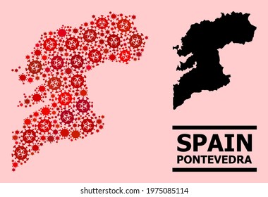 Vector covid-2019 mosaic map of Pontevedra Province constructed for pharmacy projects. Red mosaic map of Pontevedra Province is formed of biological hazard covid-2019 viral elements.