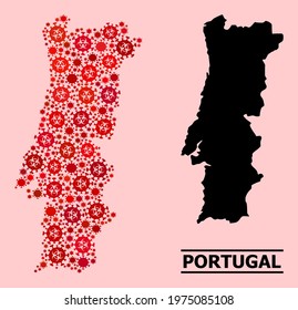 Vector covid-2019 mosaic map of Portugal done for medicare purposes. Red mosaic map of Portugal is done of biohazard covid pathogen elements.