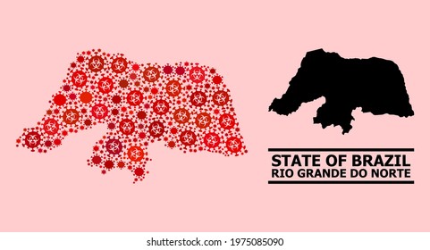 Vector covid-2019 mosaic map of Rio Grande do Norte State designed for clinic advertisement. Red mosaic map of Rio Grande do Norte State is formed with biohazard covid viral cells.