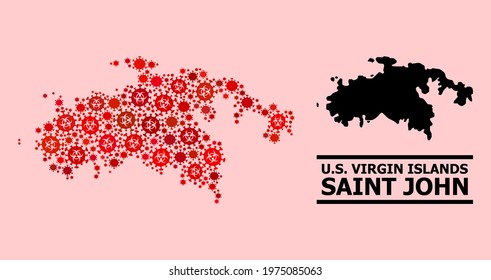 Vector covid-2019 mosaic map of Saint John Island combined for vaccination illustrations. Red mosaic map of Saint John Island is designed with biohazard covid-2019 viral items.