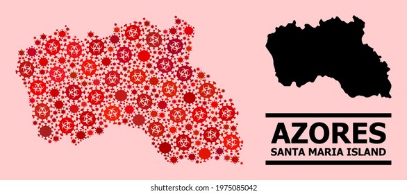 Vector covid-2019 mosaic map of Santa Maria Island done for clinic projects. Red mosaic map of Santa Maria Island is organized from biological hazard covid-2019 pathogen icons.