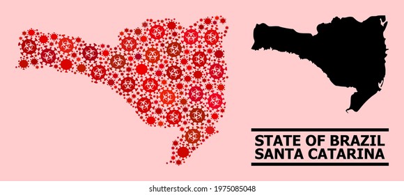 Vector covid-2019 mosaic map of Santa Catarina State created for medicare posters. Red mosaic map of Santa Catarina State is constructed from biohazard covid-2019 viral items.