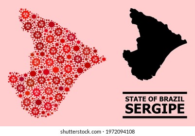 Vector covid-2019 mosaic map of Sergipe State created for medicare applications. Red mosaic map of Sergipe State is created with biological hazard covid-2019 infection parts.