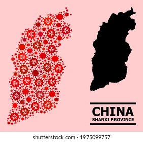Vector covid-2019 mosaic map of Shanxi Province organized for lockdown purposes. Red mosaic map of Shanxi Province is organized with biological hazard covid viral cells.
