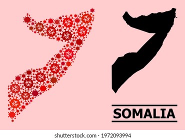 Vector covid-2019 mosaic map of Somalia done for pandemic applications. Red mosaic map of Somalia is formed with biological hazard covid-2019 pathogen icons.