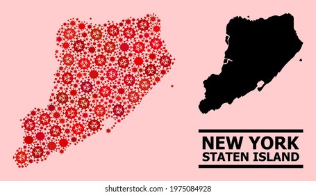 Vector covid-2019 mosaic map of Staten Island constructed for medicare wallpapers. Red mosaic map of Staten Island is made with biological hazard covid-2019 viral cells.