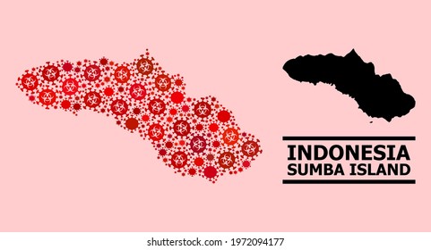 Vector covid-2019 mosaic map of Sumba Island organized for medicare applications. Red mosaic map of Sumba Island is done from biohazard covid-2019 infection parts.