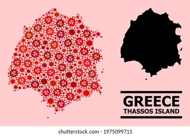 Vector covid-2019 mosaic map of Thassos Island constructed for health care posters. Red mosaic map of Thassos Island is organized of biohazard covid-2019 viral elements.