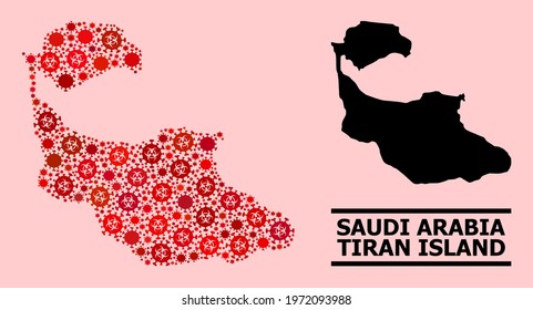 Vector covid-2019 mosaic map of Tiran Island combined for medicare projects. Red mosaic map of Tiran Island is created from biohazard covid-2019 infection items.
